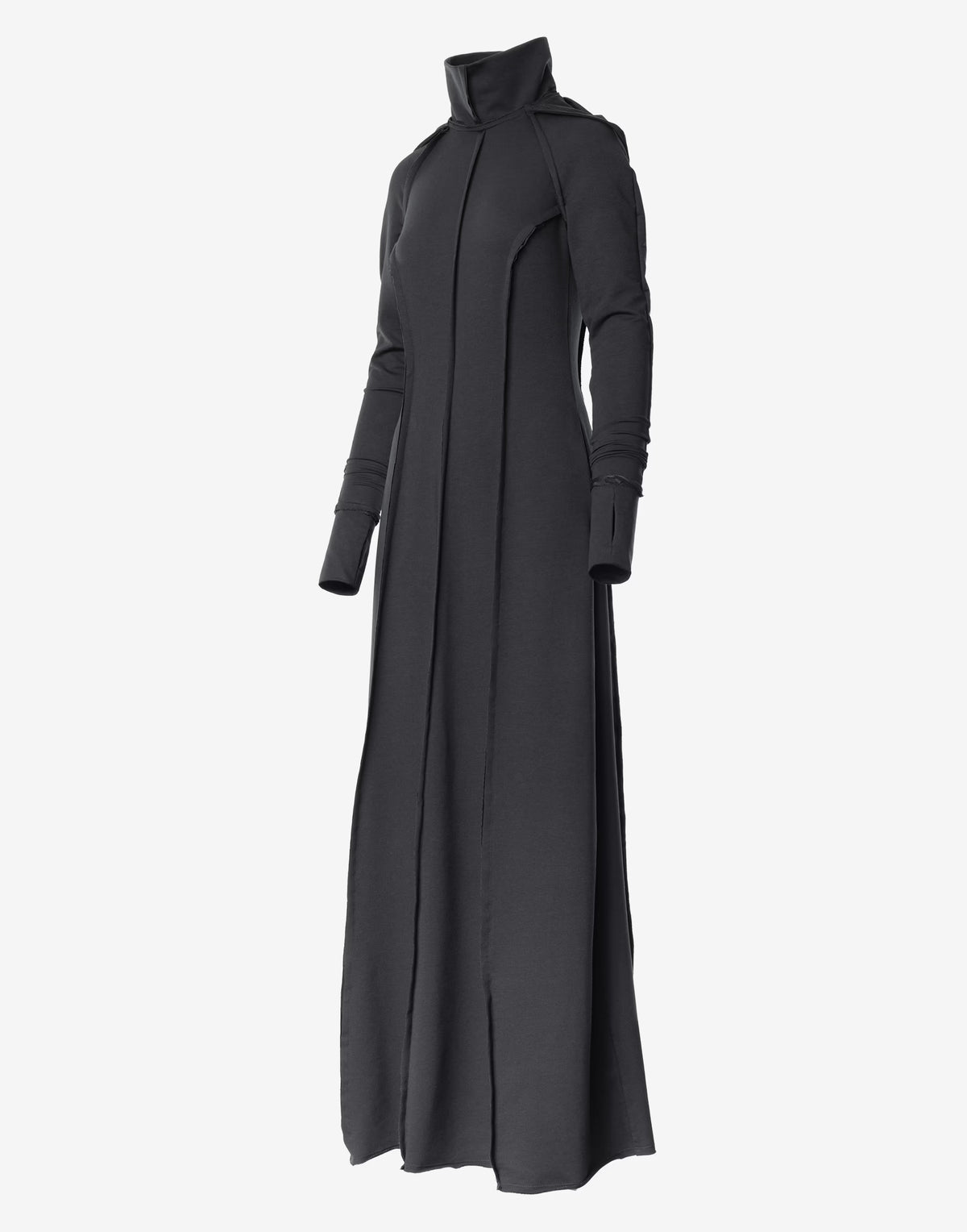 Black Hooded Maxi Dress with Sculptural High Neck