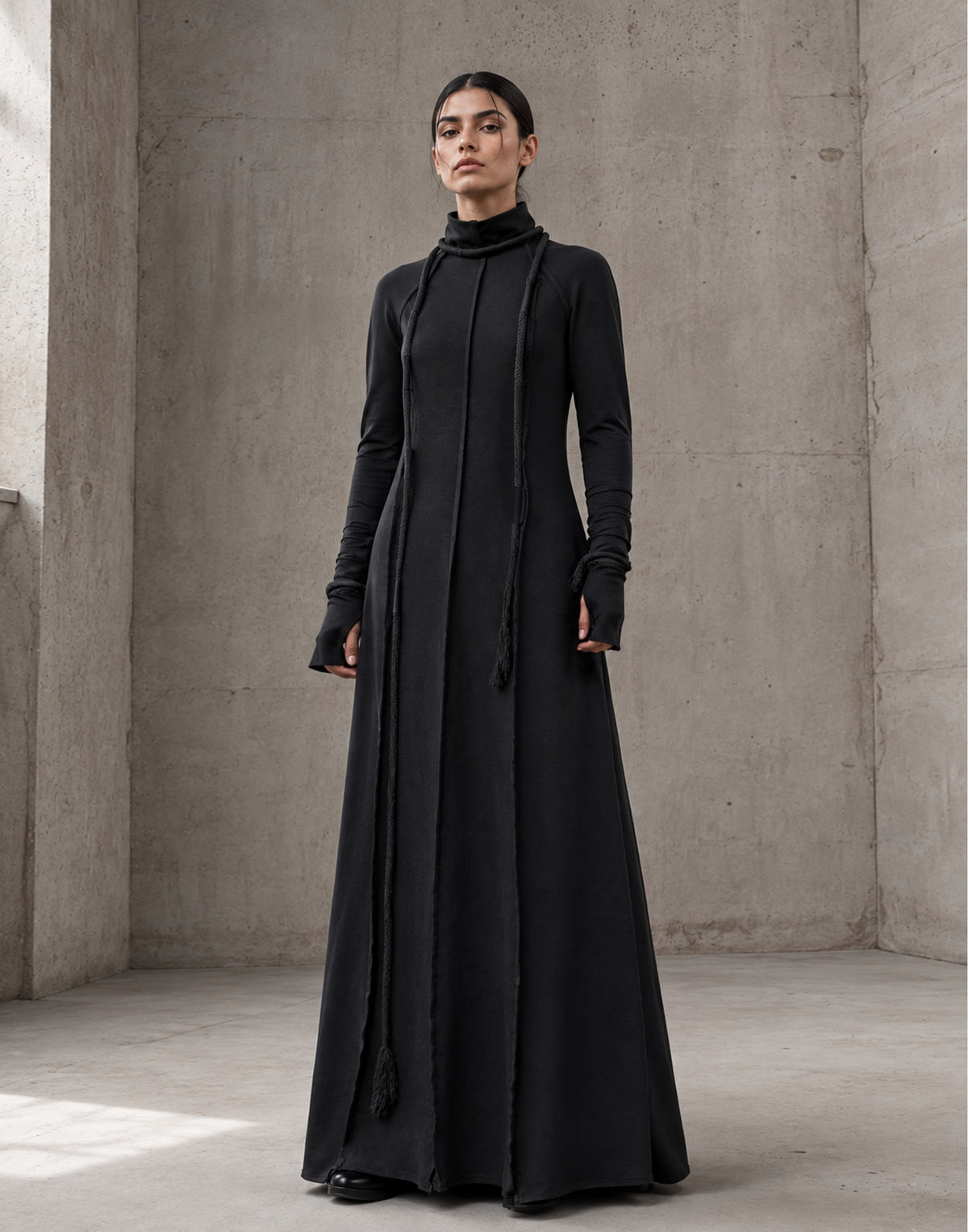 Black Maxi Dress with High Neck and Rope Details