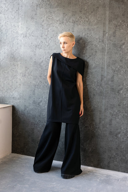 Asymmetric Black Sleeveless Dress – Avant-Garde Sculptural Ponte di Roma Dress by Jana Coshe