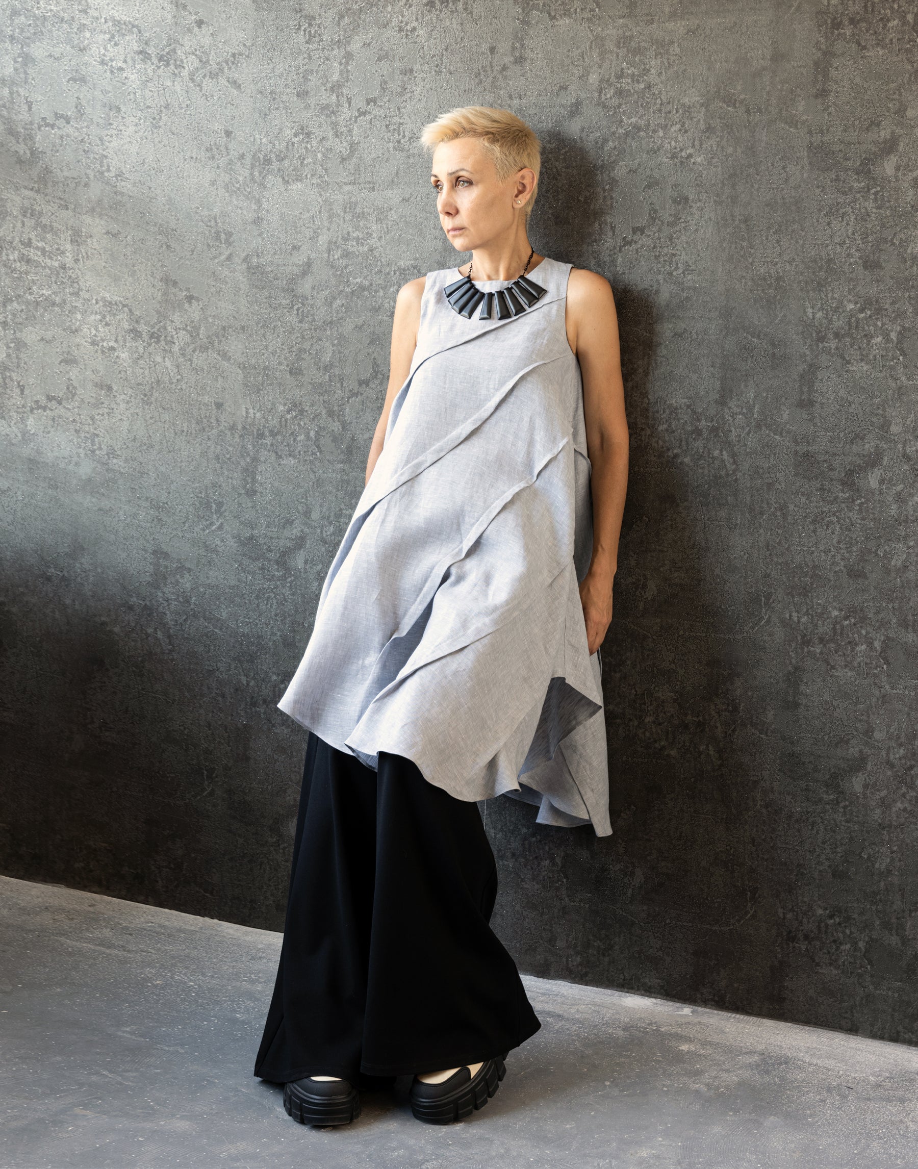 Stone Blue Cacscade dress in Front