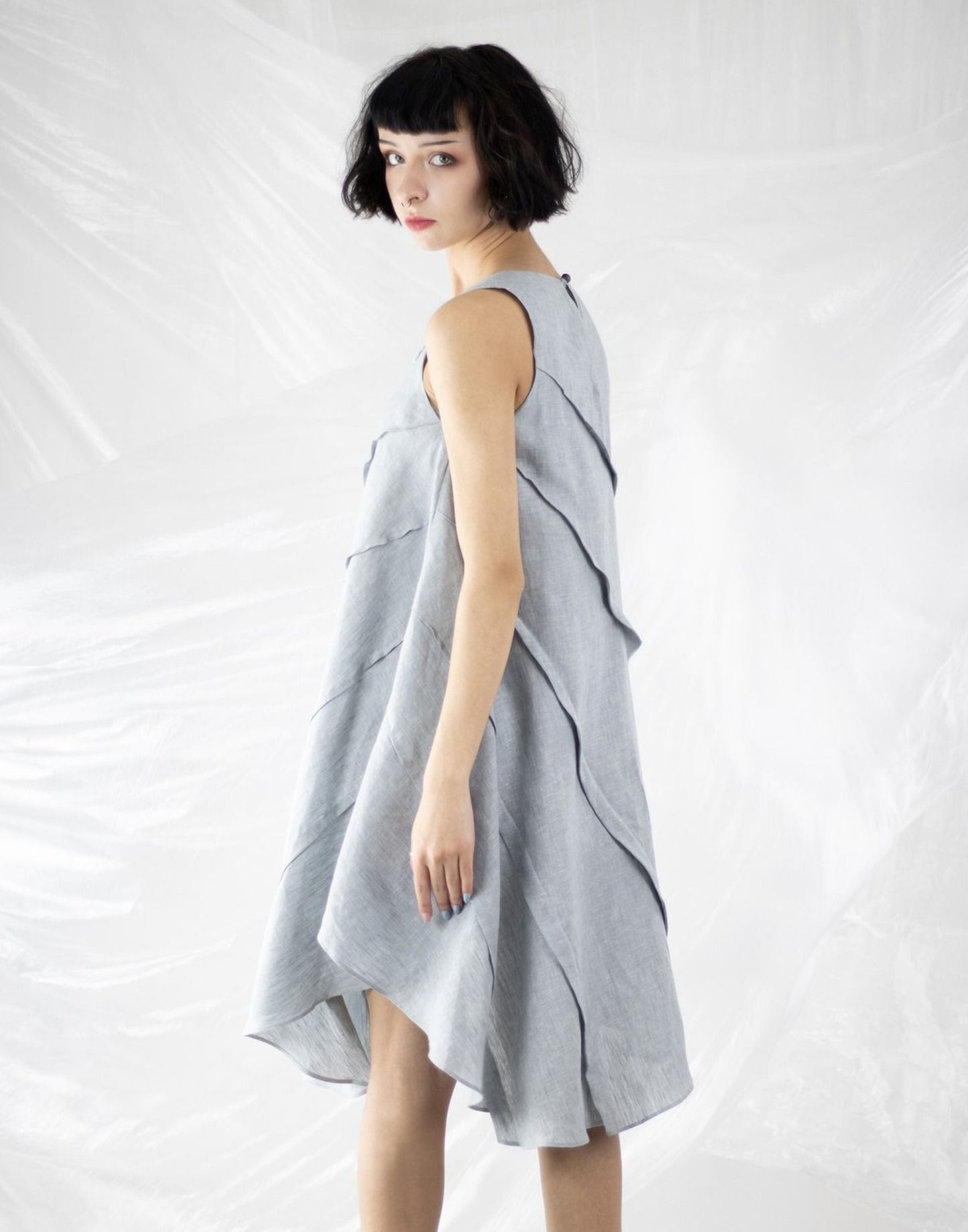 Stone Blue Cascade Linen Dress Side View