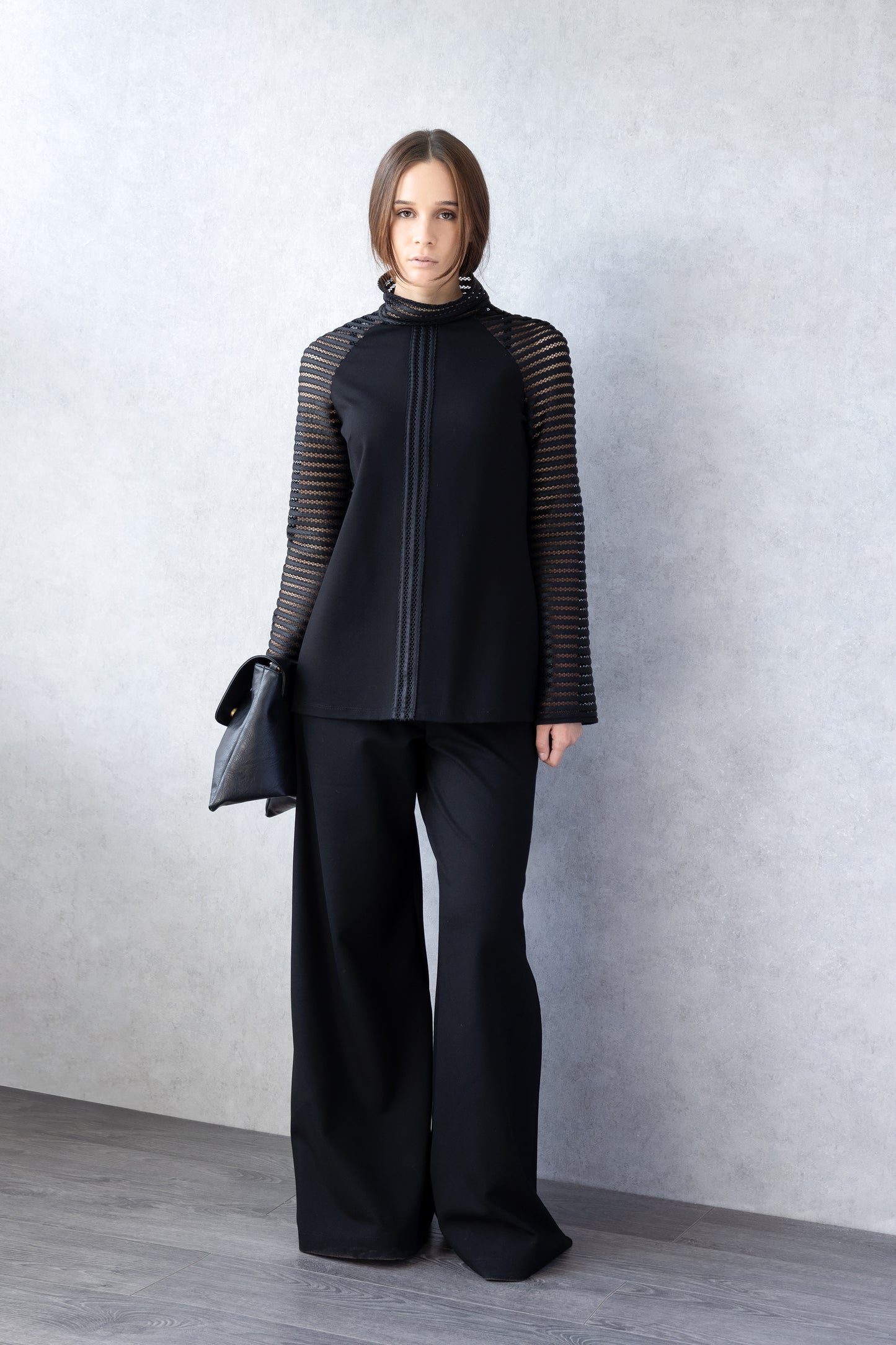 Black Sculptural High-Neck Blouse with Sheer Sleeves