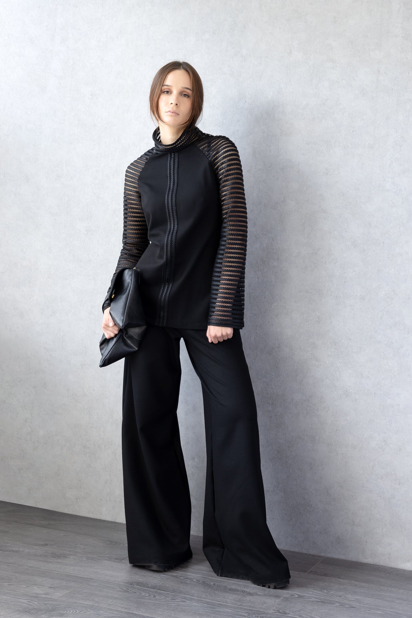 Black Sculptural High-Neck Blouse with Sheer Sleeves