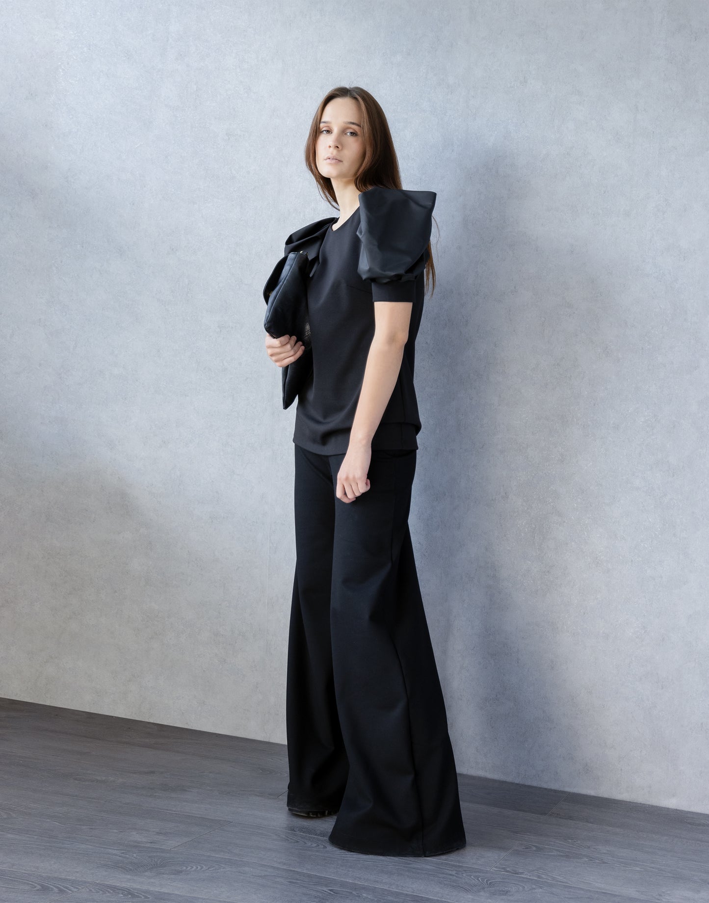 Black Puff Sleeve Blouse Aranged with bag