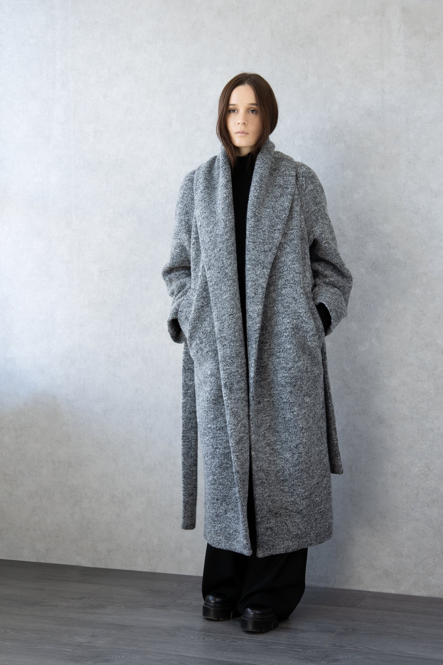 Long Grey Belted Coat with Shawl Collar – Textured Winter Wrap Coat