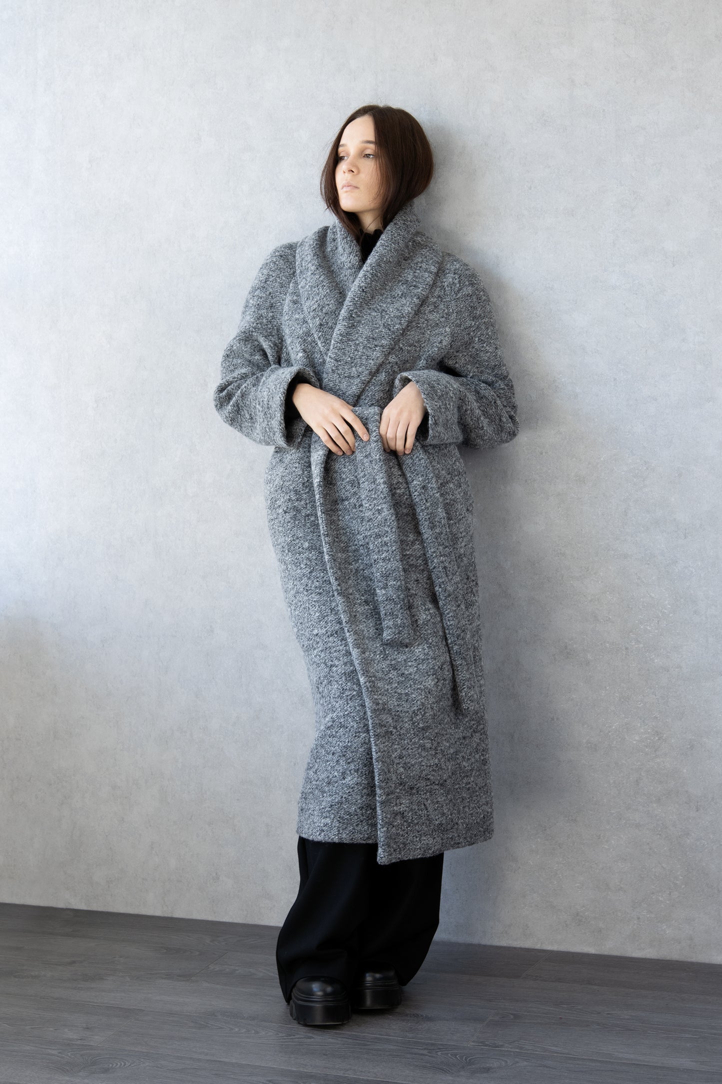 Long Grey Belted Coat with Shawl Collar – Textured Winter Wrap Coat