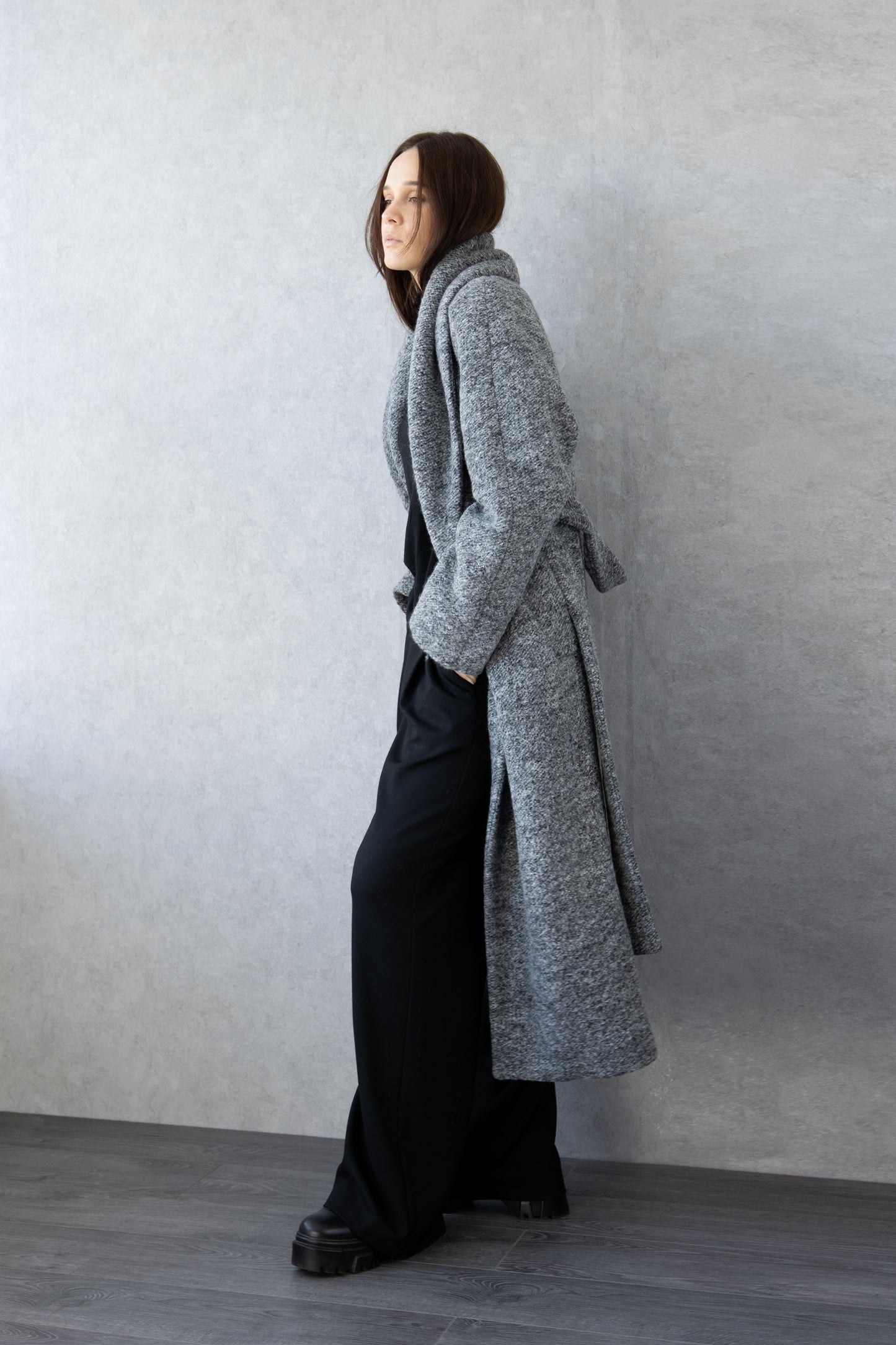 Long Grey Belted Coat with Shawl Collar – Textured Winter Wrap Coat