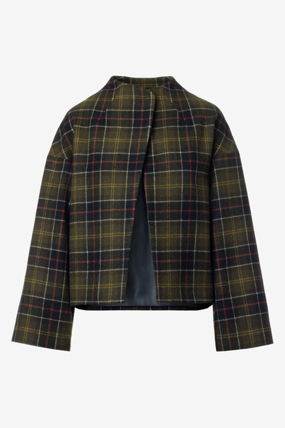 Front view of wool tartan short jacket with single button