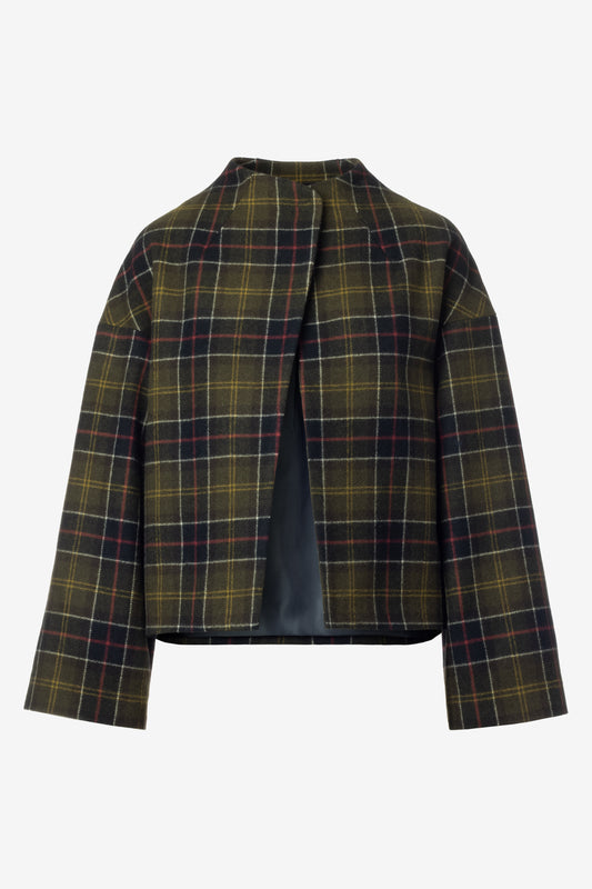 Front view of wool tartan short jacket with single button