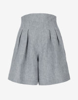 Stone Blue High Waist Linen Pleated Shorts
