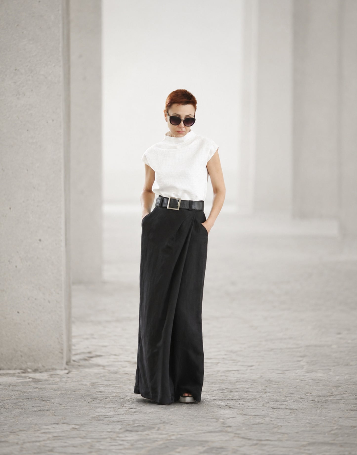 Black Wide leg cotton trousers with elegant skirt-effect front