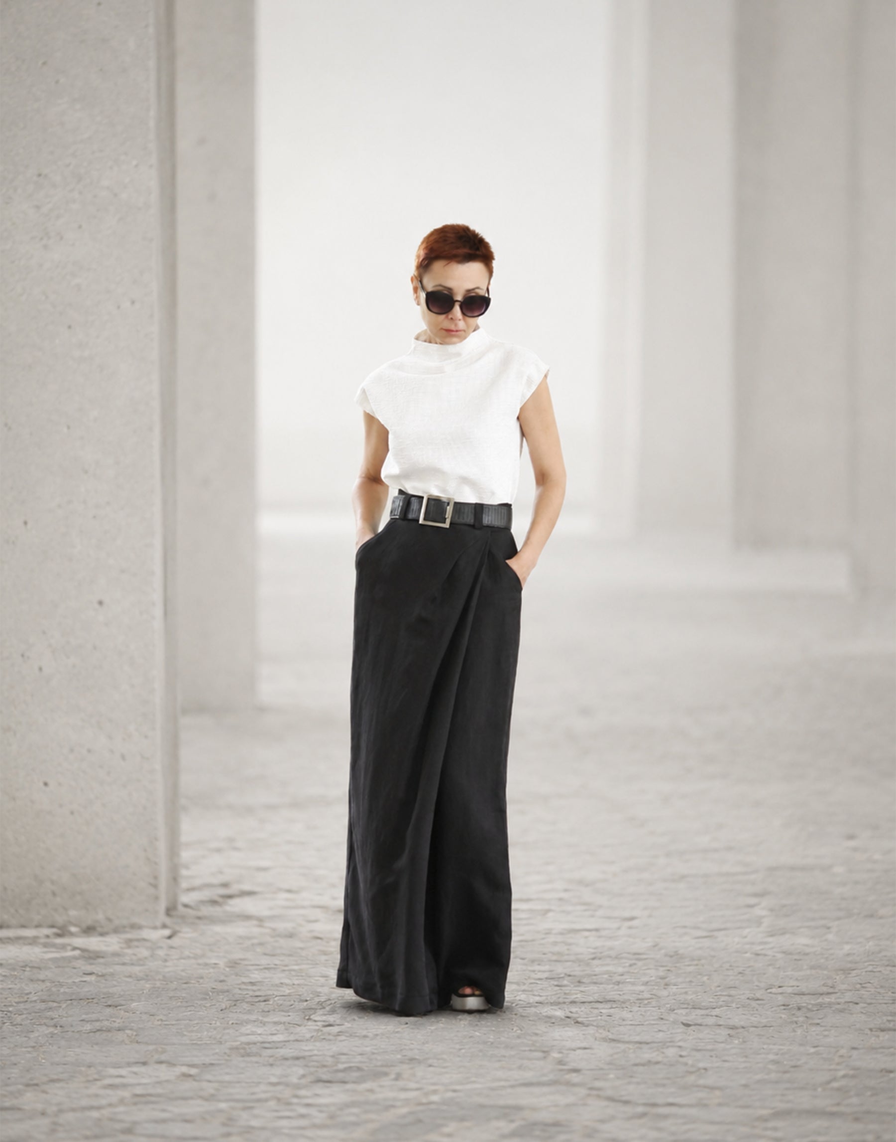 Black Wide leg cotton trousers with elegant skirt-effect front