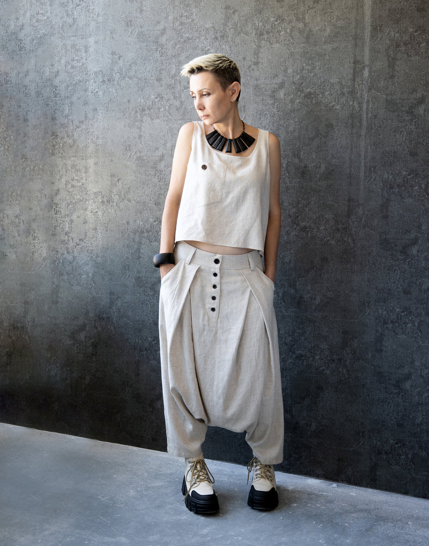 Natural Linen Harem Pleated Trousers