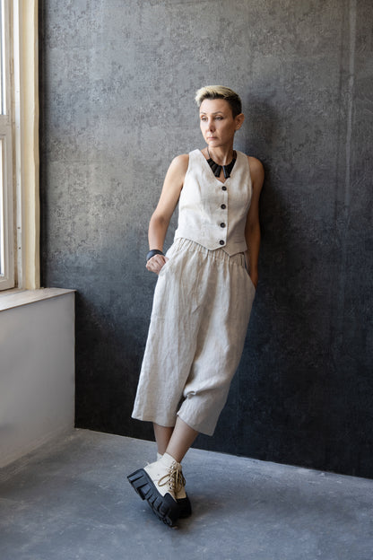 Linen Drop-Crotch Pants with Elastic Waist and Back Flap Detail – Handmade by Jana Coshe