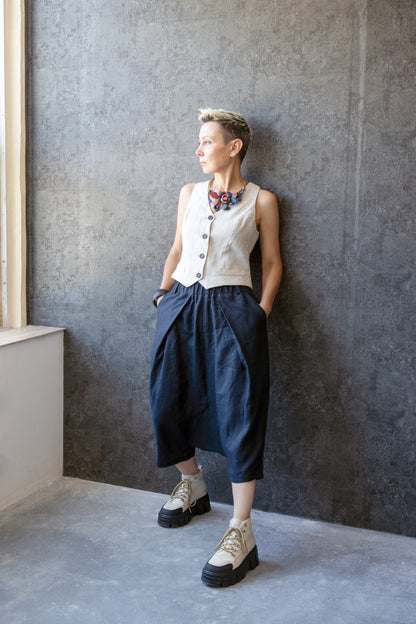 Asymmetric Drop Crotch Linen Pants with Pleats and Decorative Back Flaps – Cropped Unisex Trousers by Jana Coshe