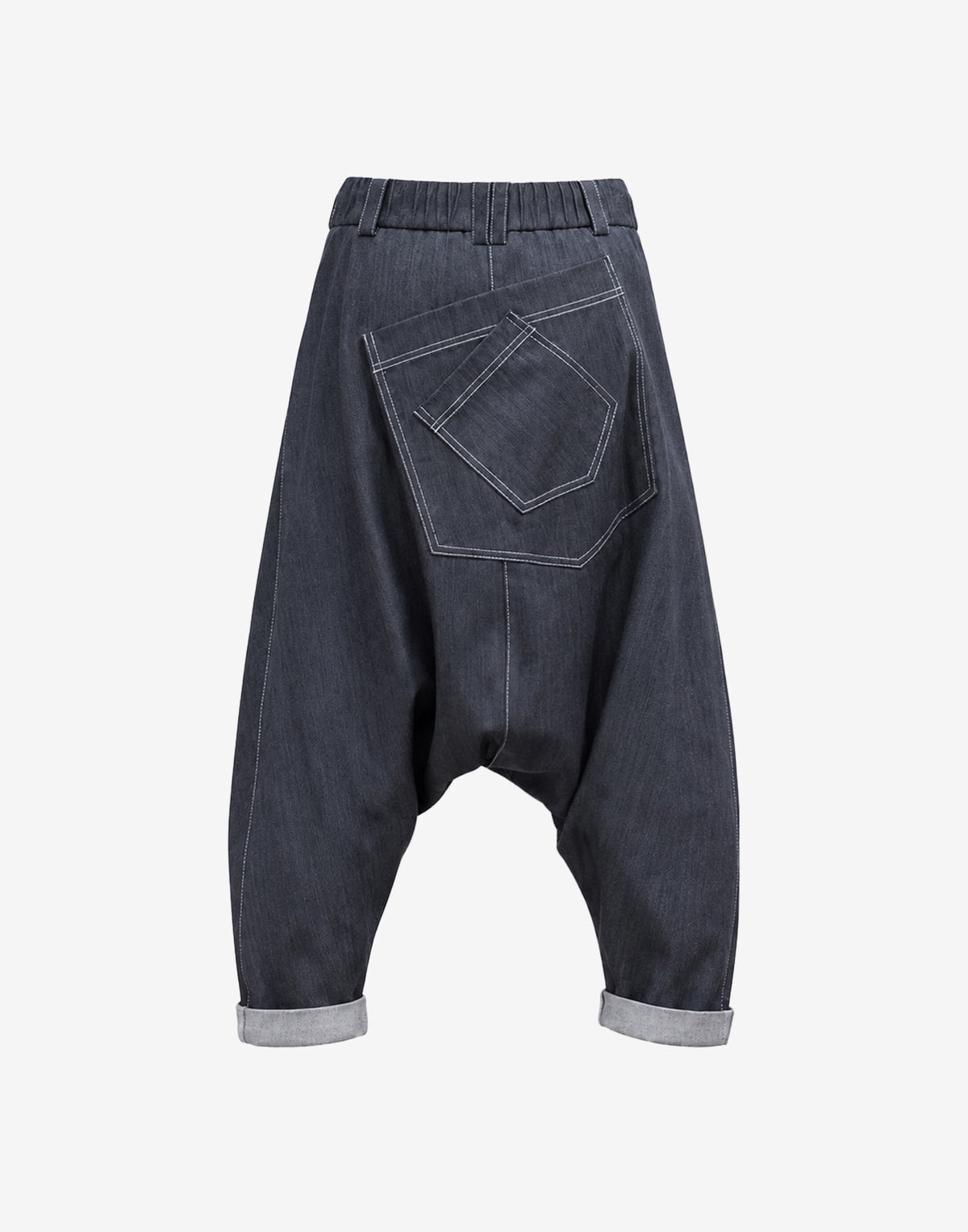 Unisex drop-crotch denim trousers with oversized double back pocket – back view