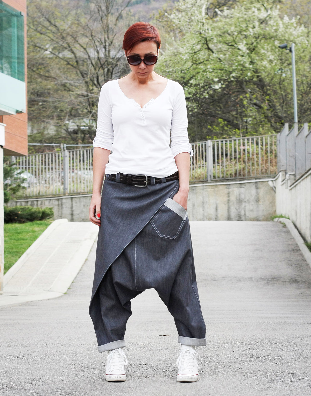 Unisex Drop-Crotch Denim Trousers with Wrap Front