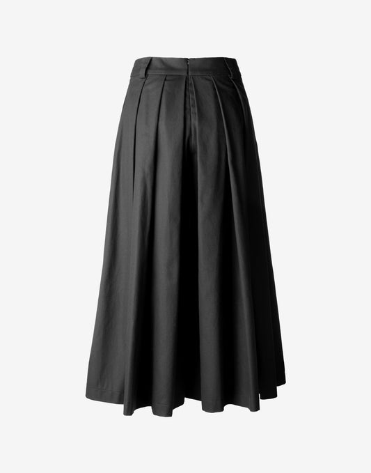 Black sculptural skirt pants with pleats, front view