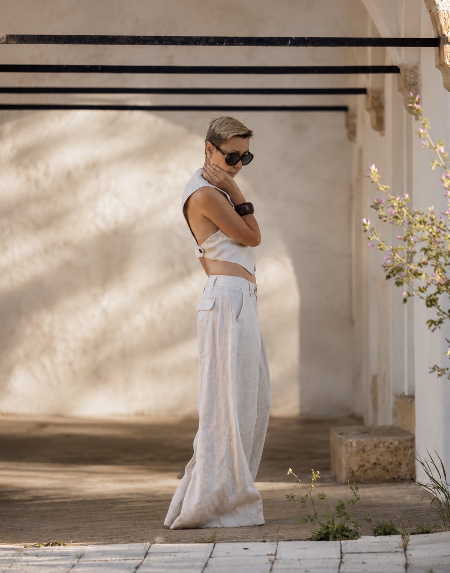 Side view of natural linen vest