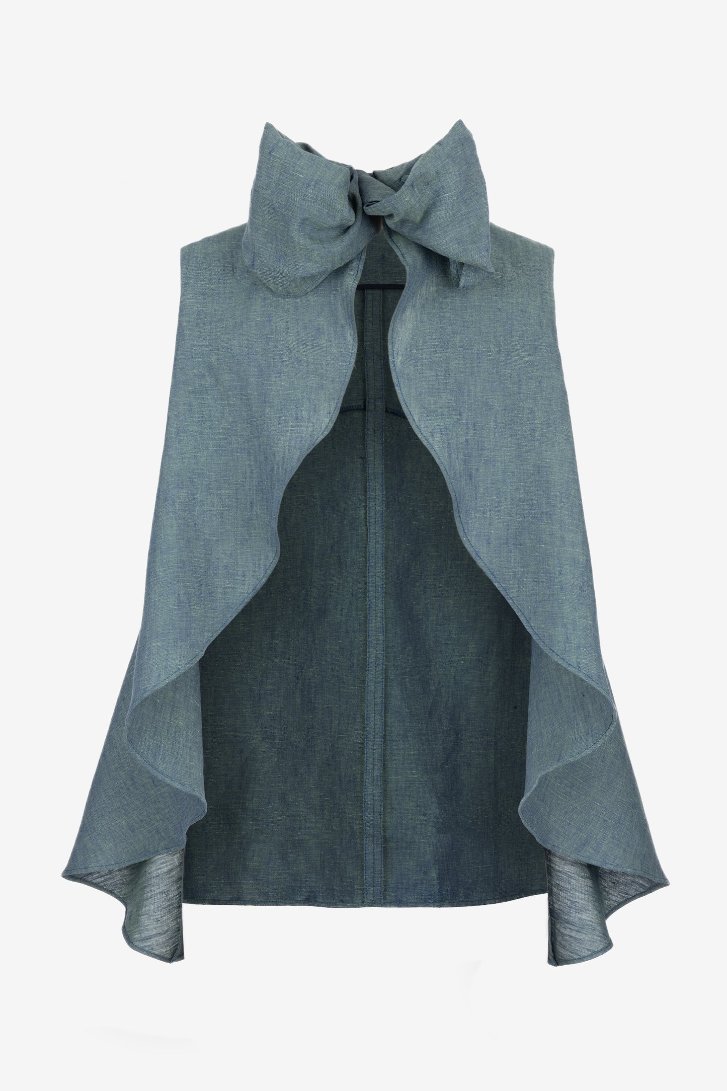 Asymmetric Linen Top with High Collar and Open Back – Sleeveless Sculptural Design with Bow by Jana Coshe