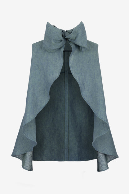 Asymmetric Linen Top with High Collar and Open Back – Sleeveless Sculptural Design with Bow by Jana Coshe