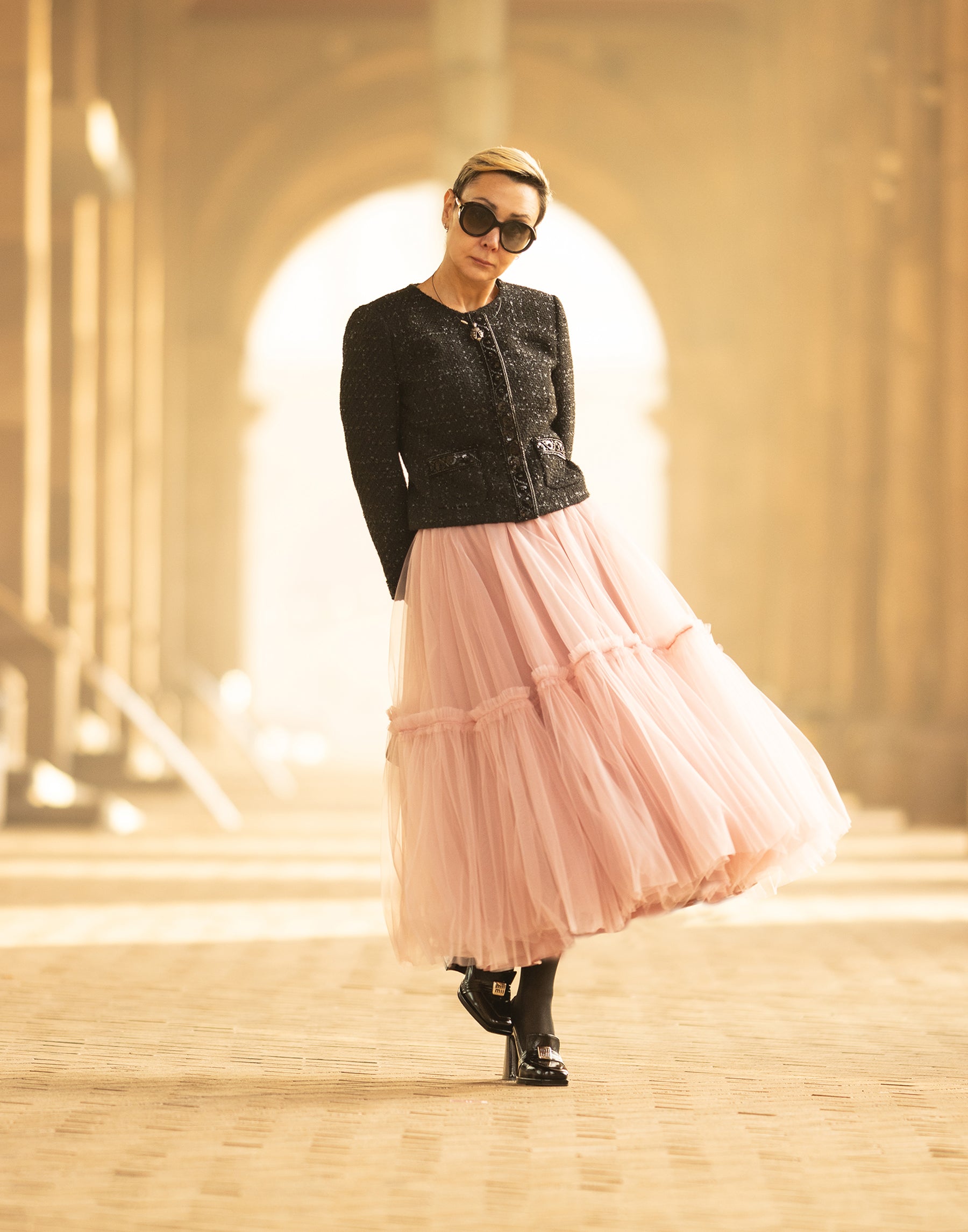 Woman Posing in Layered tulle skirt in Ash of Roses