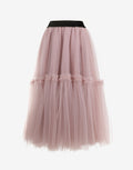 Ruffled Tulle Maxi Skirt In Ash Rose – Tiered Hem And Shimmer Waistband
