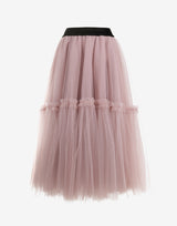 Ruffled Tulle Maxi Skirt In Ash Rose – Tiered Hem And Shimmer Waistband