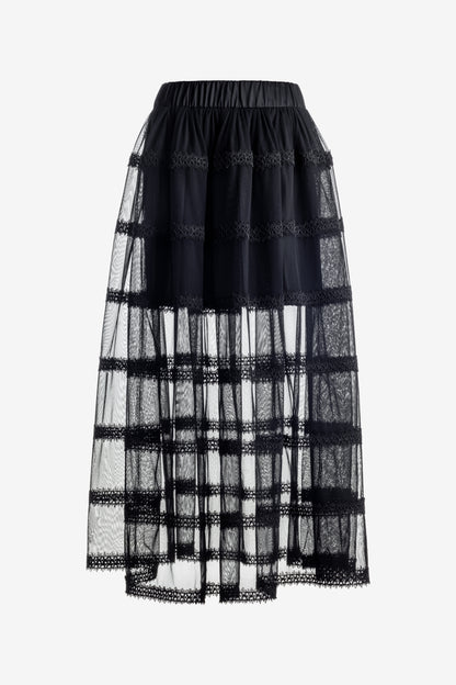 Sheer Tulle Skirt with Lace Stripes – Ankle-Length Black Skirt with Elastic Waist by Jana Coshe