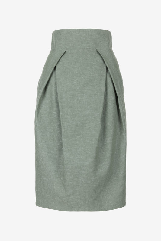 Front on ghost mannequin: Green pleated linen midi skirt with wide waistband – Front view on ghost mannequin – Jana Coshe

