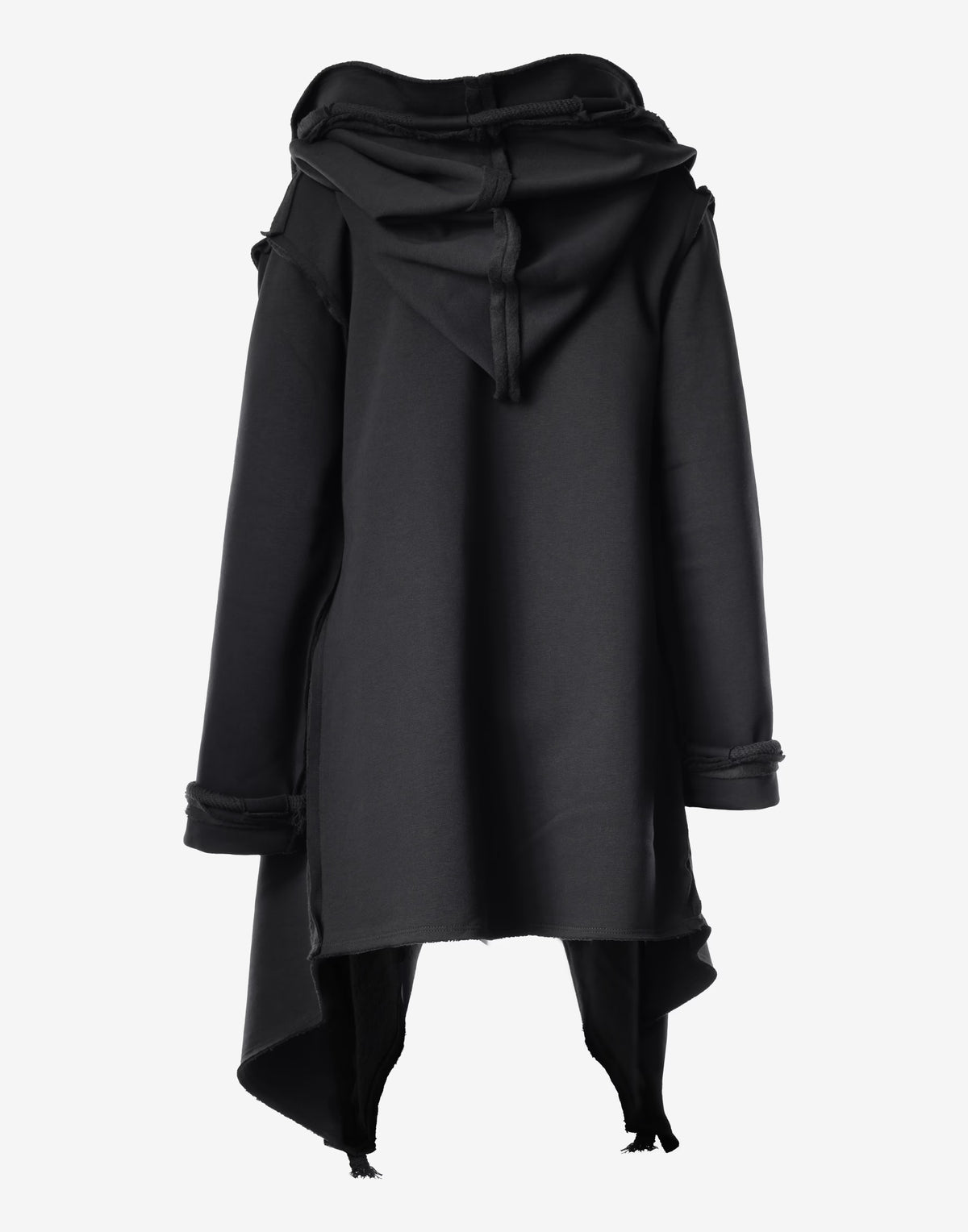 Black Hooded Long Cardigan with Asymmetric Draped Front