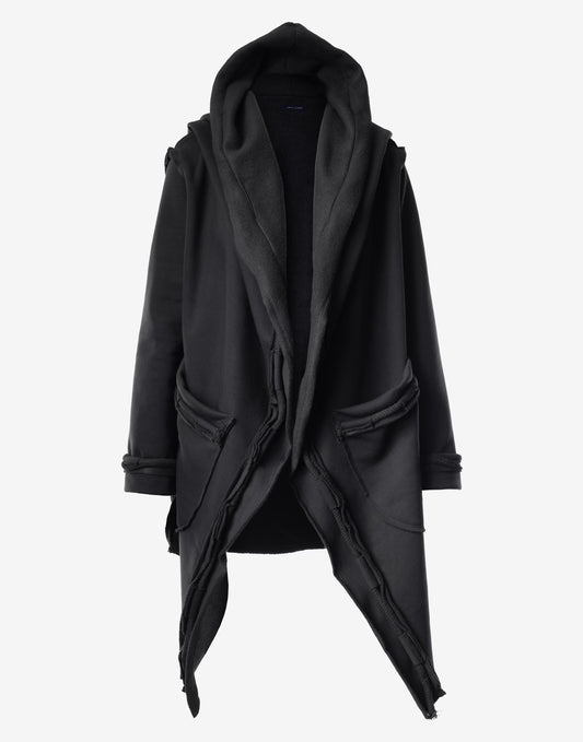 Black Hooded Long Cardigan with Asymmetric Draped Front