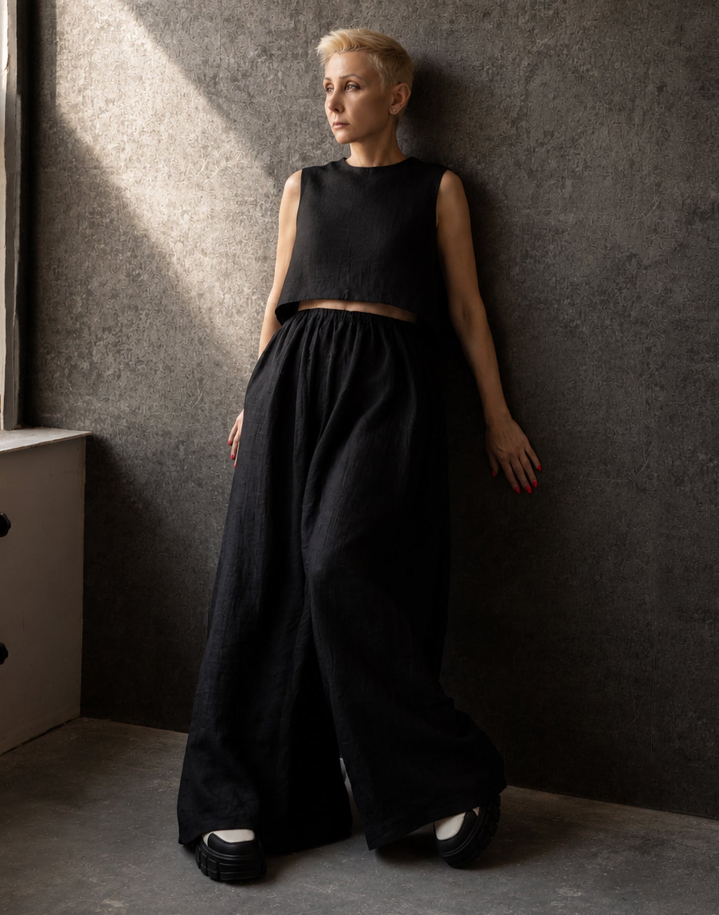 Model with Black Linen Crop Top