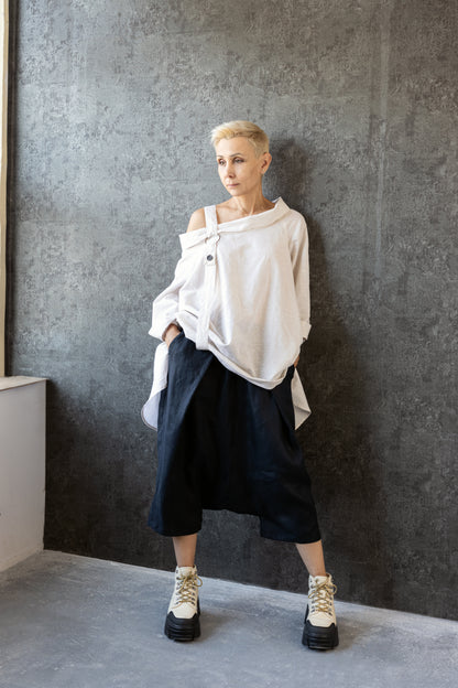 Asymmetric Linen Shirt with Strap Detail and Collar – Warm Sand