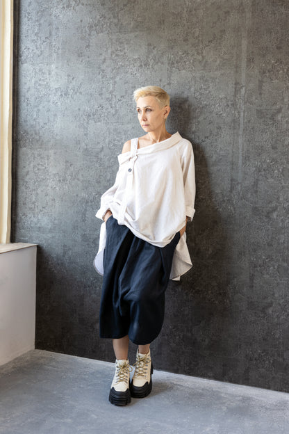 Asymmetric Linen Shirt with Strap Detail and Collar – Warm Sand