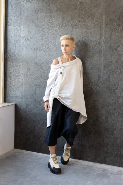 Asymmetric Linen Shirt with Strap Detail and Collar – Warm Sand