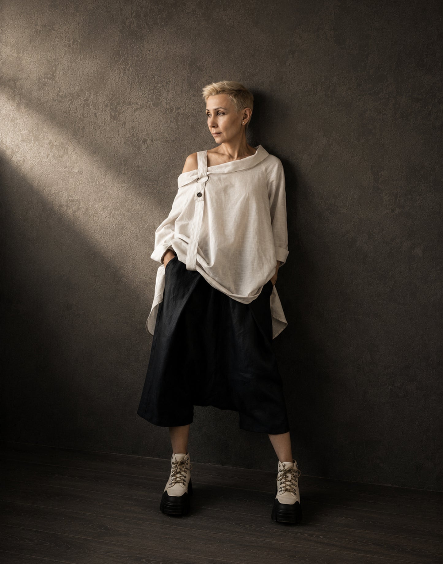 Asymmetric Linen Shirt with Strap Detail and Collar – Warm Sand