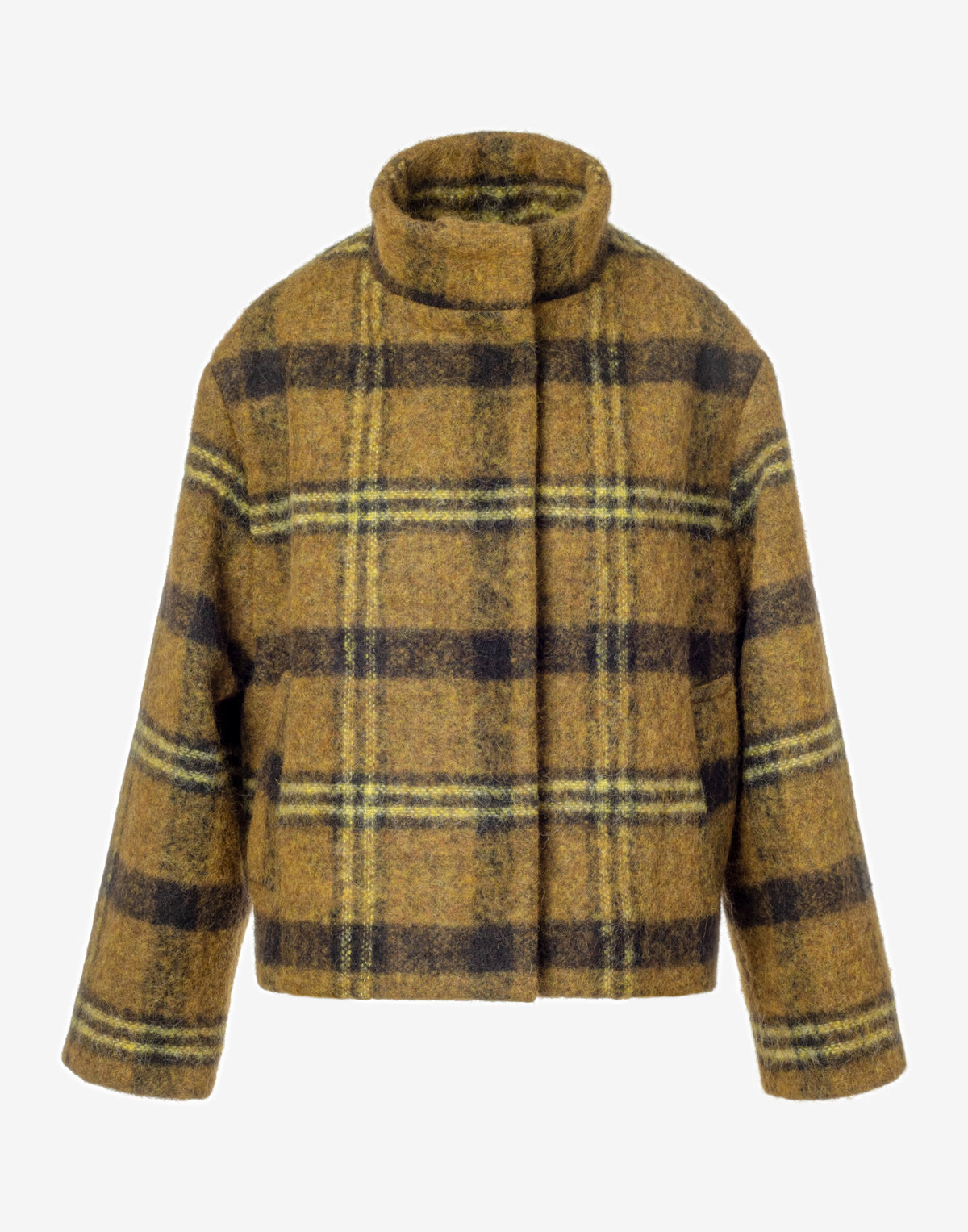 Checked Alpaca & Mohair Coat with Sculptural High Collar