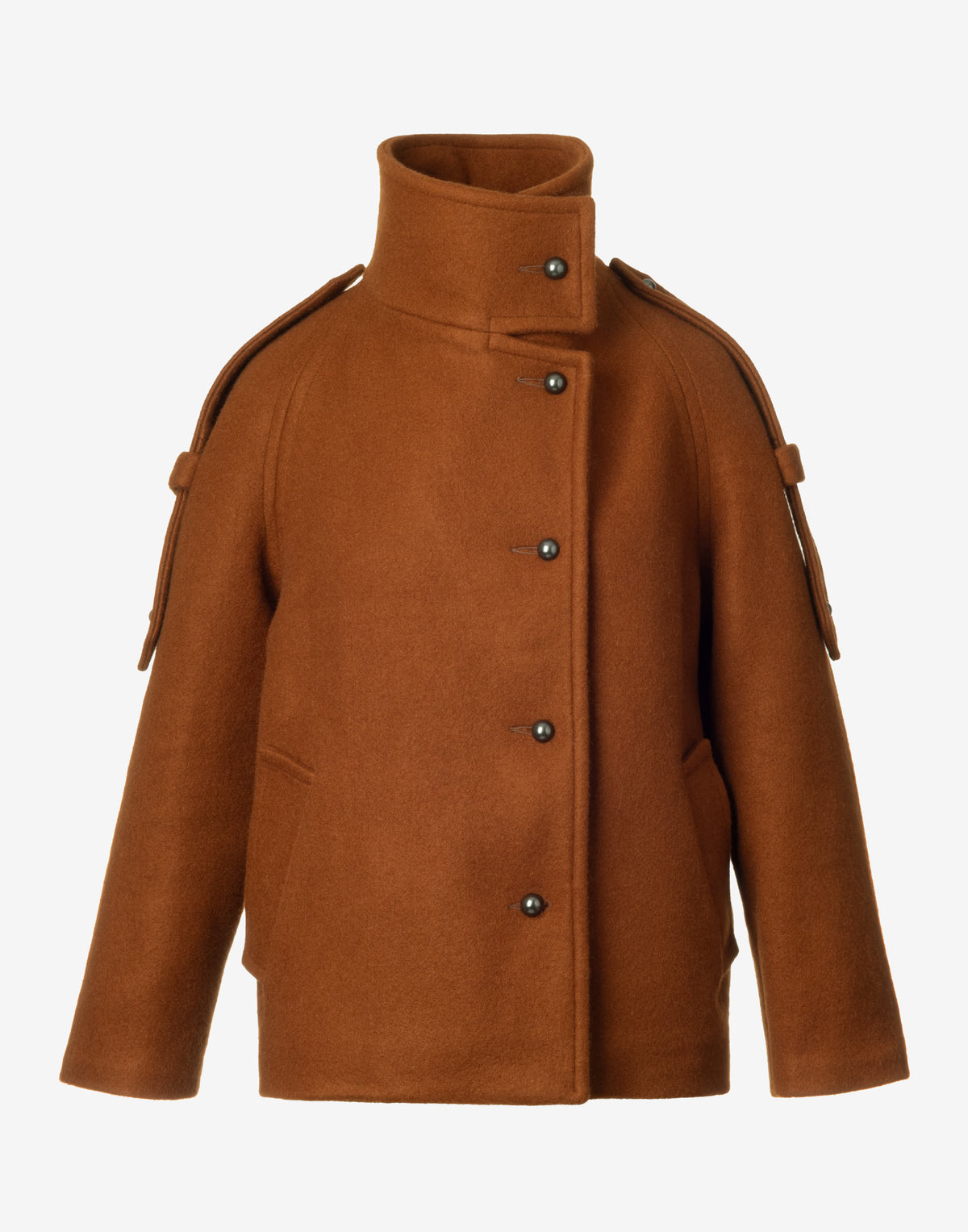 Short Wool Coat with High Collar and Epaulets