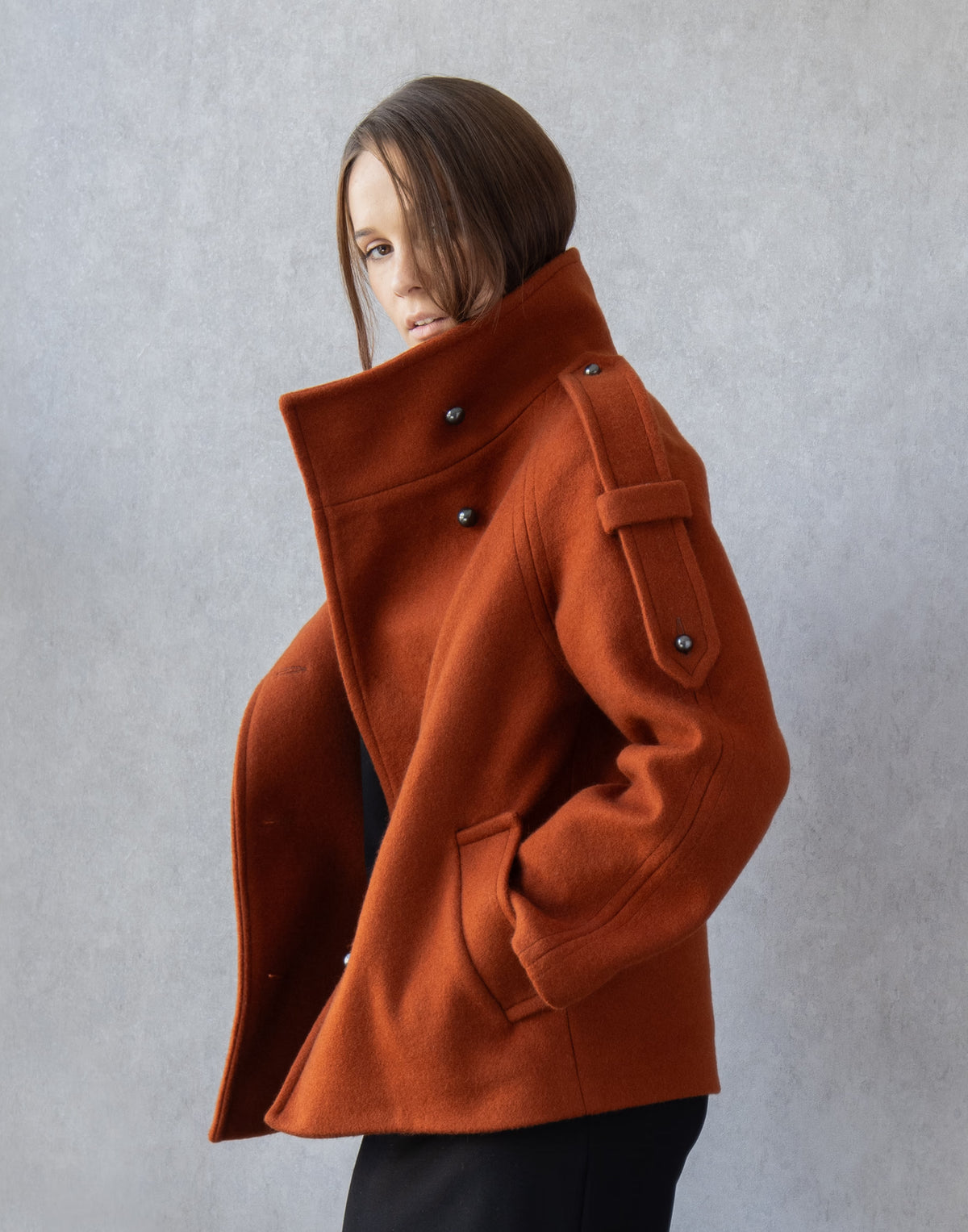 Short Wool Coat with High Collar and Epaulets