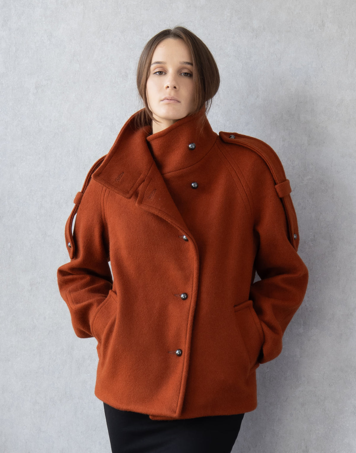 Short Wool Coat with High Collar and Epaulets