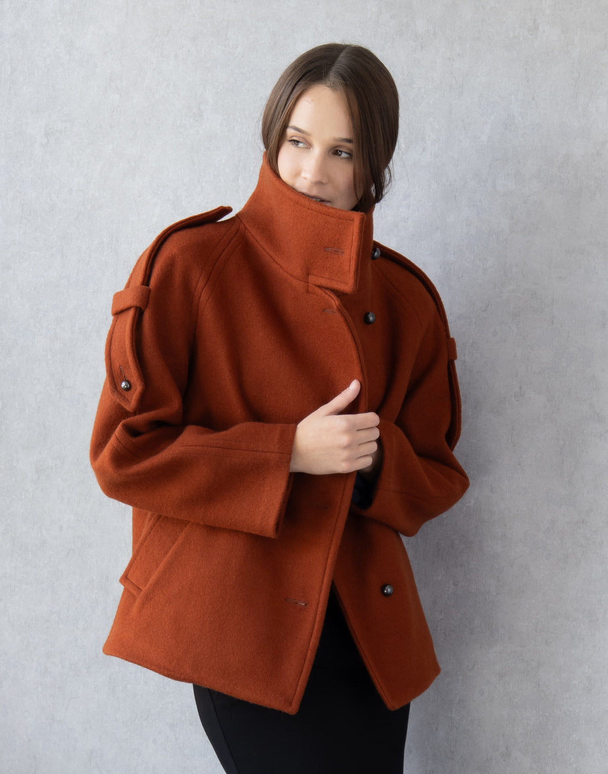Short Wool Coat with High Collar and Epaulets