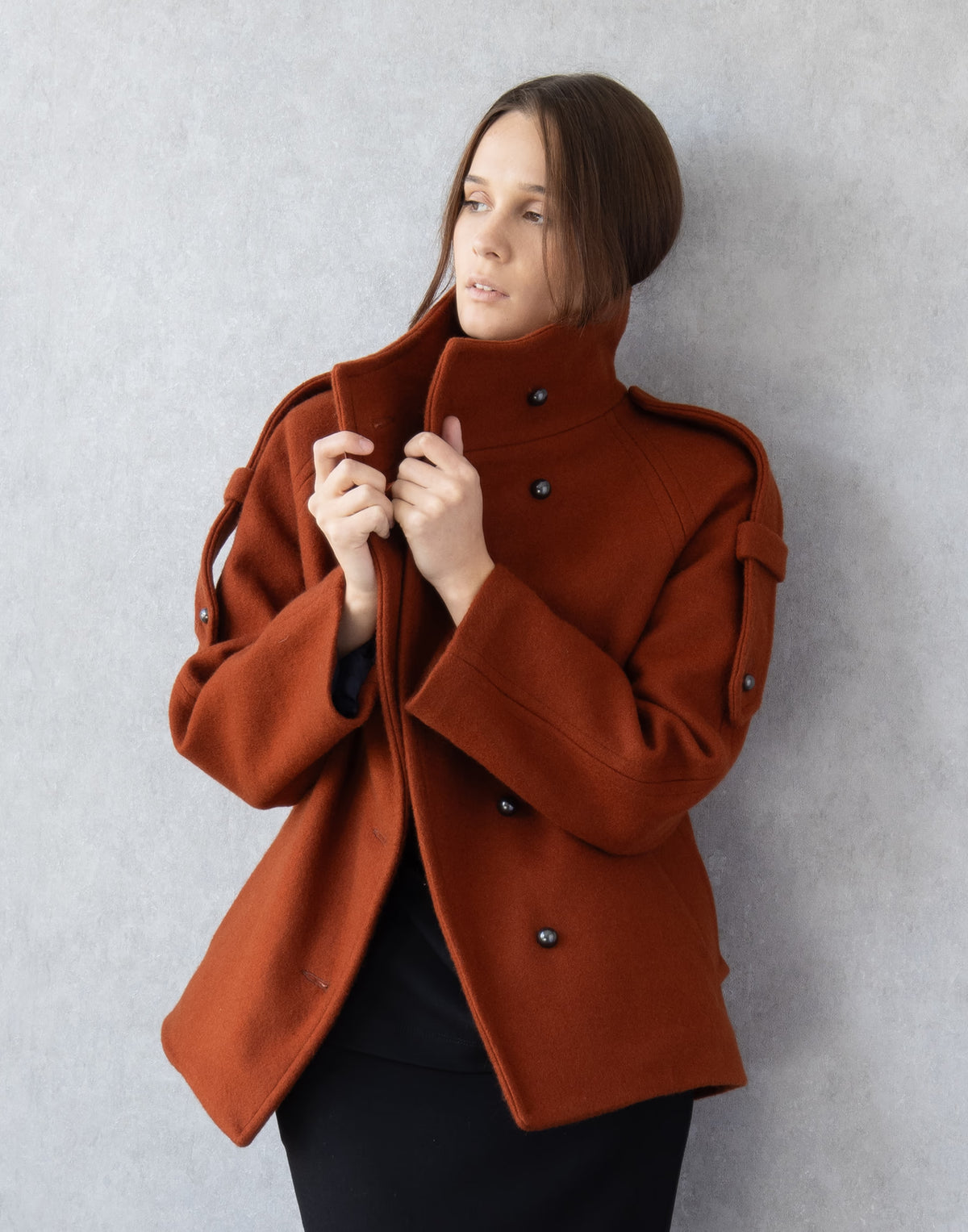 Short Wool Coat with High Collar and Epaulets