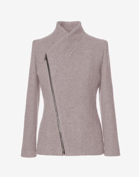 Ash Pink Wool Jacket with Asymmetric Zip – Cropped Coat in Virgin Wool by Jana Coshe
