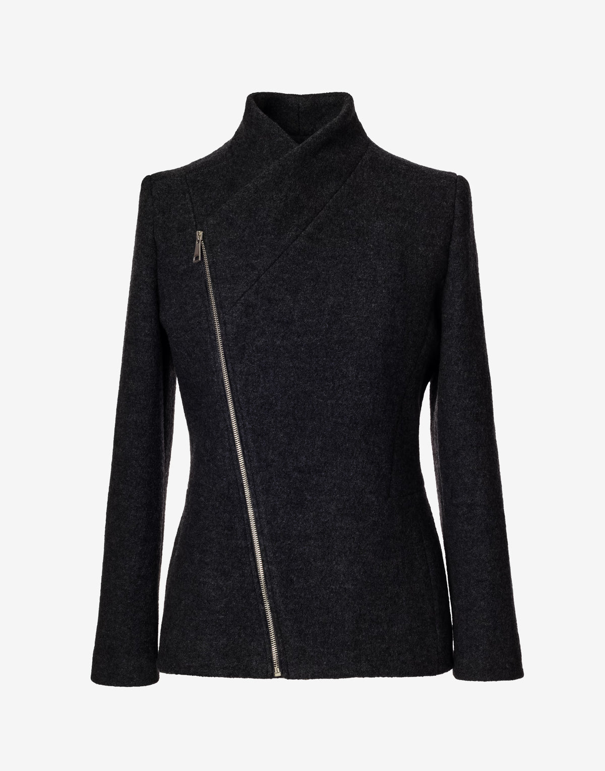 Black Wool Jacket with Asymmetric Zip – Cropped Coat in Virgin Wool by Jana Coshe