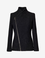 Black Wool Jacket with Asymmetric Zip – Cropped Coat in Virgin Wool by Jana Coshe