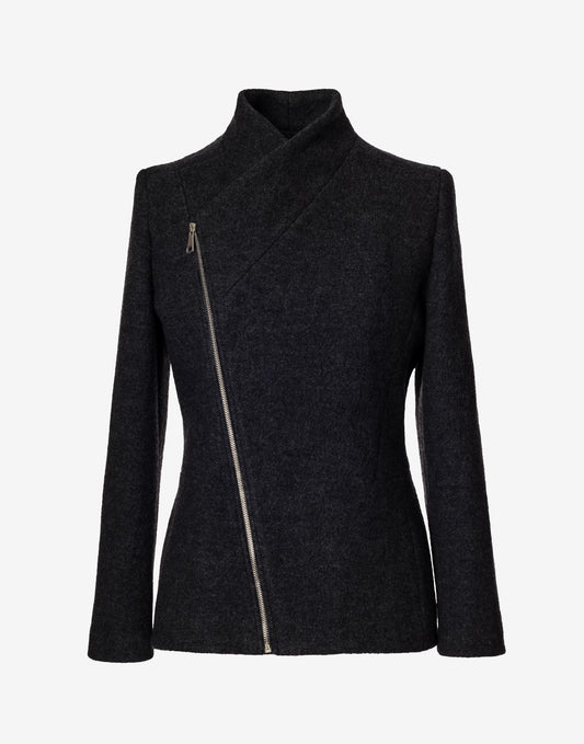 Black Wool Jacket with Asymmetric Zip – Cropped Coat in Virgin Wool by Jana Coshe