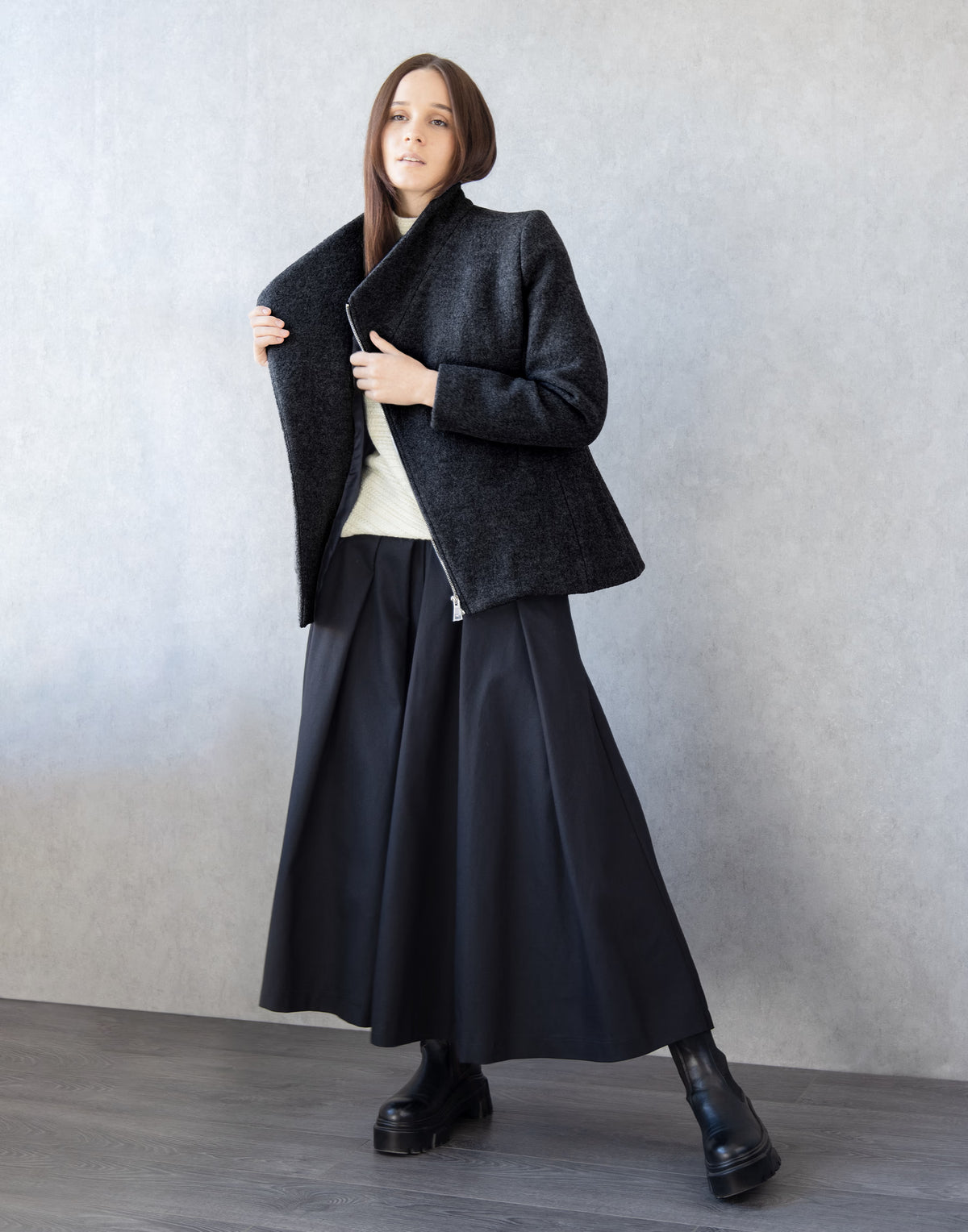 Black Wool Jacket with Asymmetric Zip – Cropped Coat in Virgin Wool by Jana Coshe