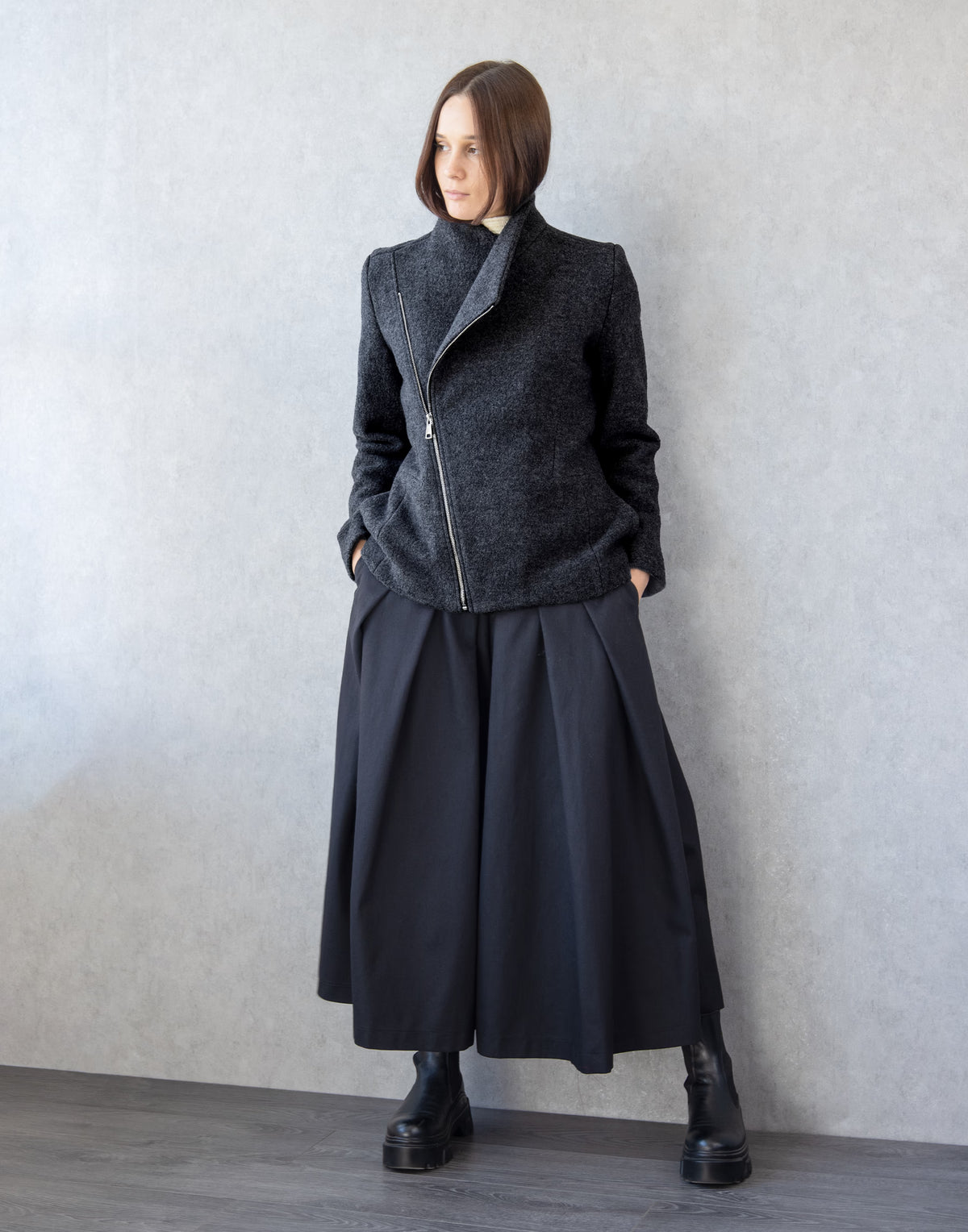 Black Wool Jacket with Asymmetric Zip – Cropped Coat in Virgin Wool by Jana Coshe