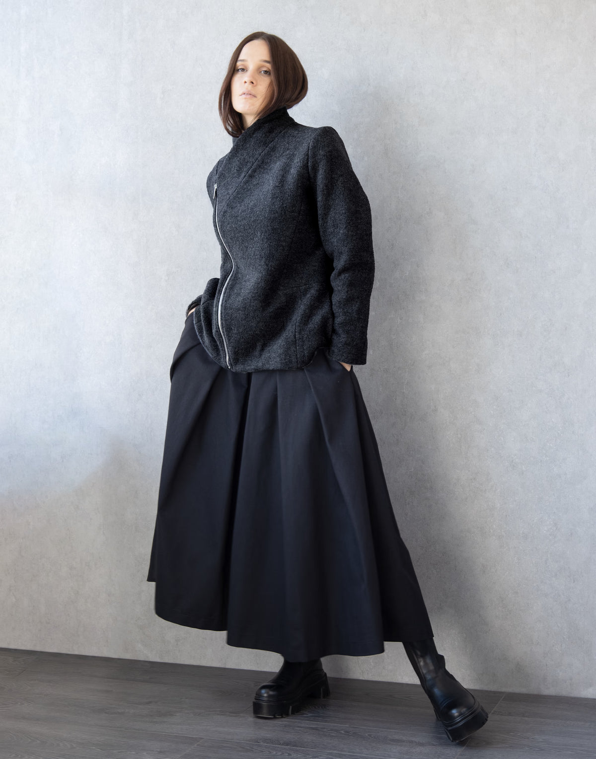 Black Wool Jacket with Asymmetric Zip – Cropped Coat in Virgin Wool by Jana Coshe